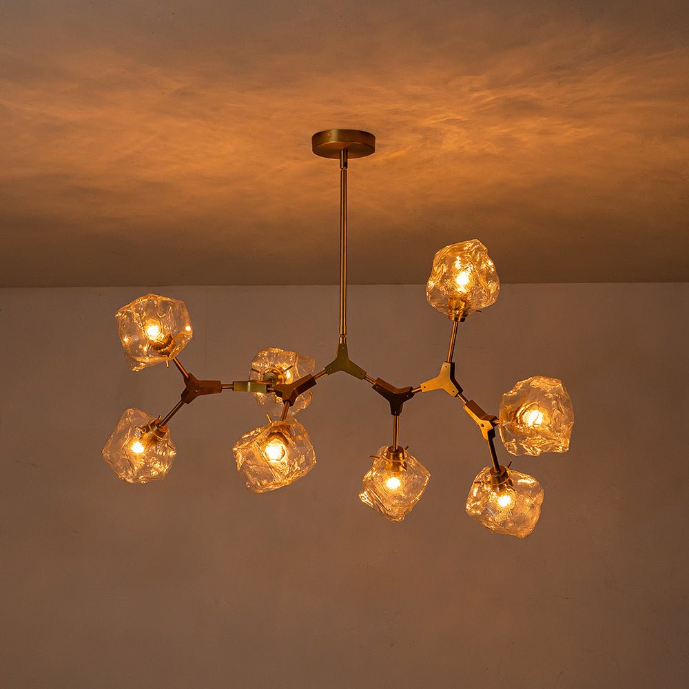 Brass 8-Light Organic Branch Frozen Glass Ice Style Chandelier