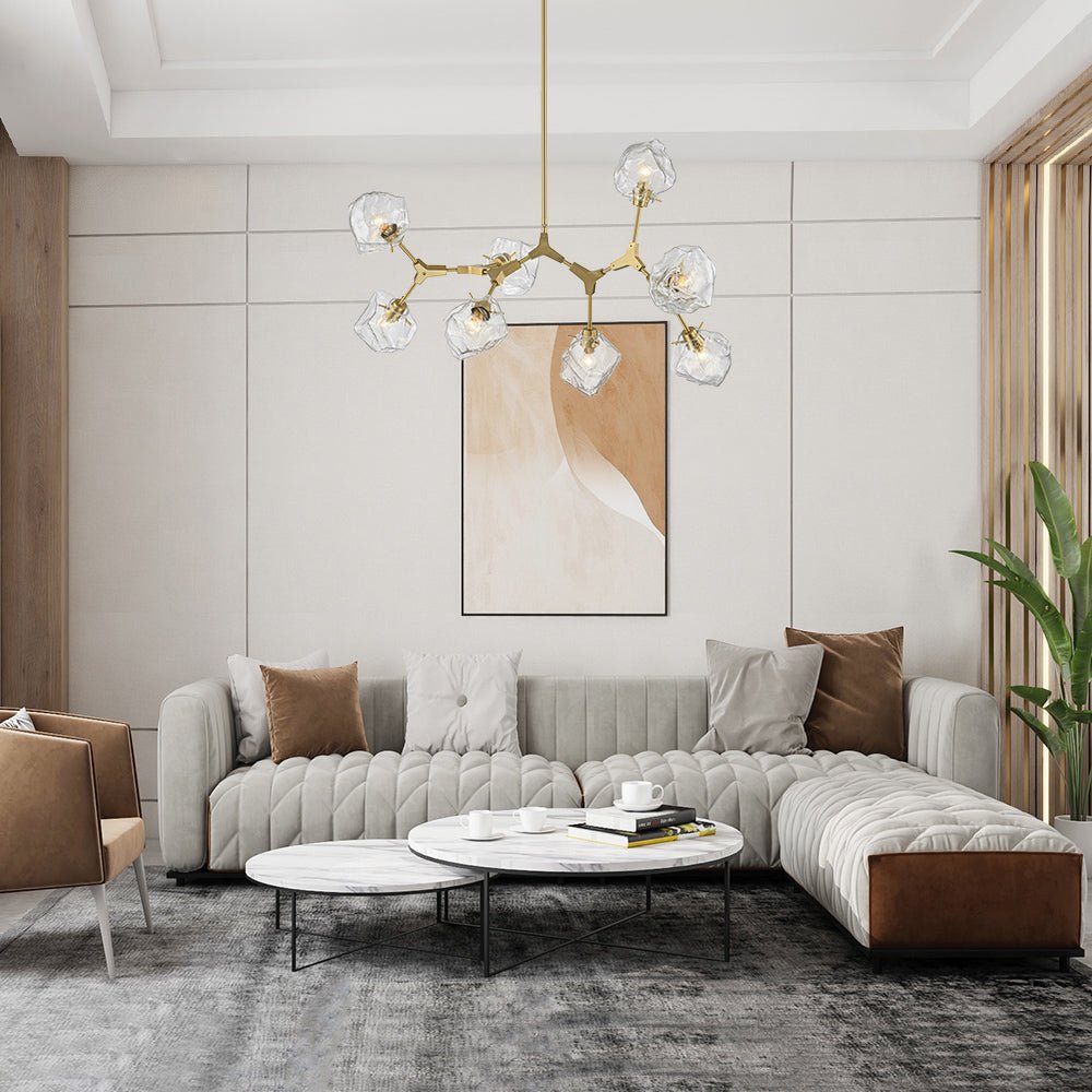 Brass 8-Light Organic Branch Frozen Glass Ice Style Chandelier