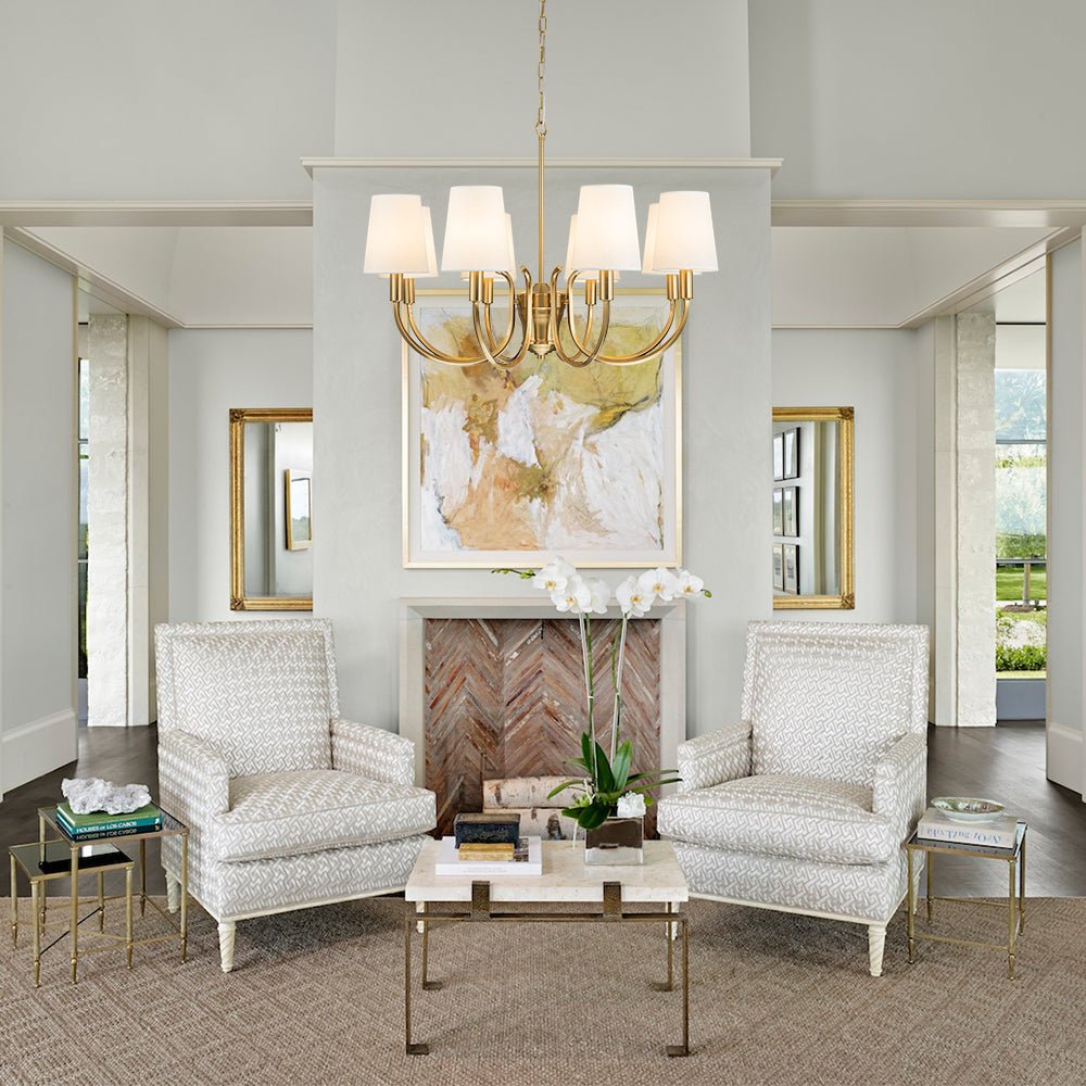 Brass 8-Light White Fabric Shade Scrolling Chandelier
