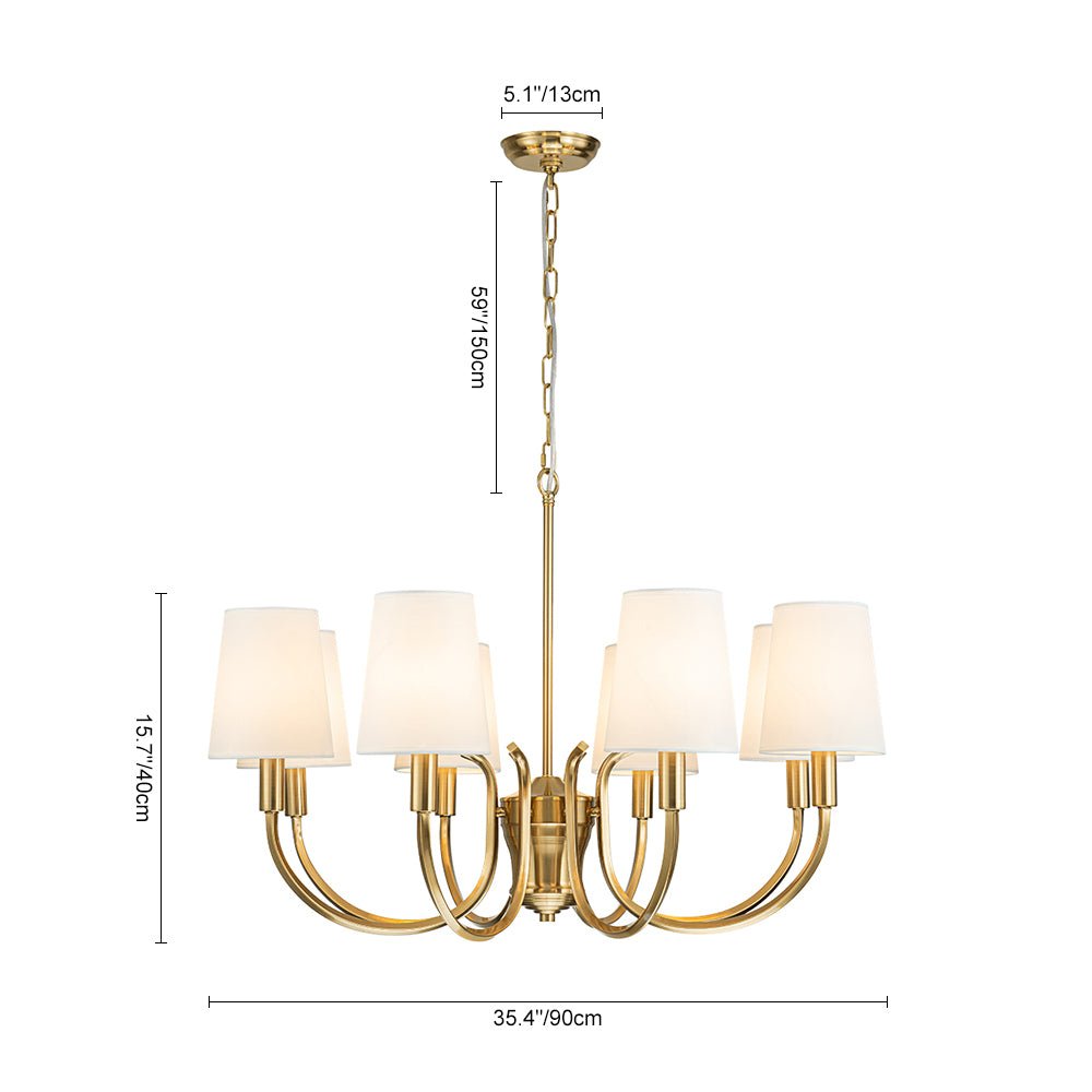 Brass 8-Light White Fabric Shade Scrolling Chandelier