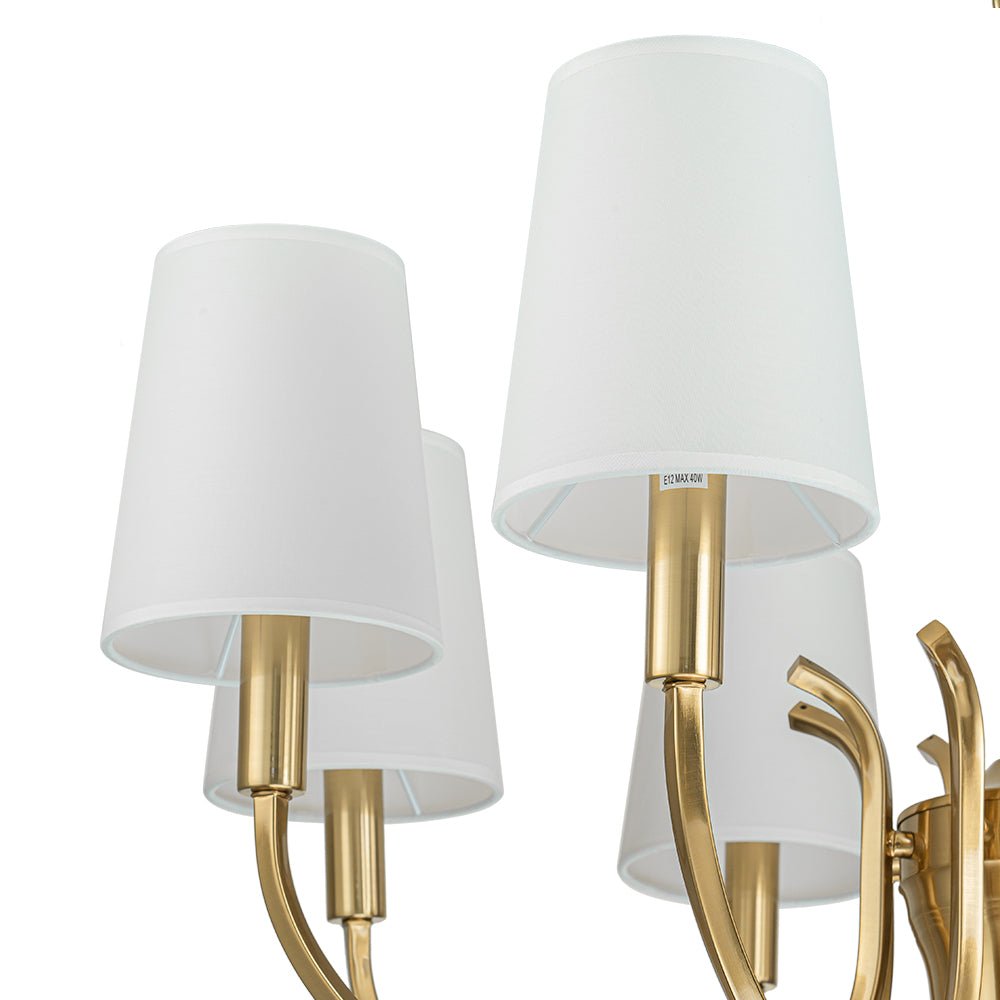 Brass 8-Light White Fabric Shade Scrolling Chandelier