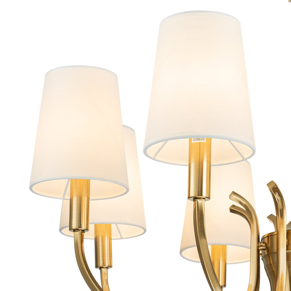 Brass 8-Light White Fabric Shade Scrolling Chandelier