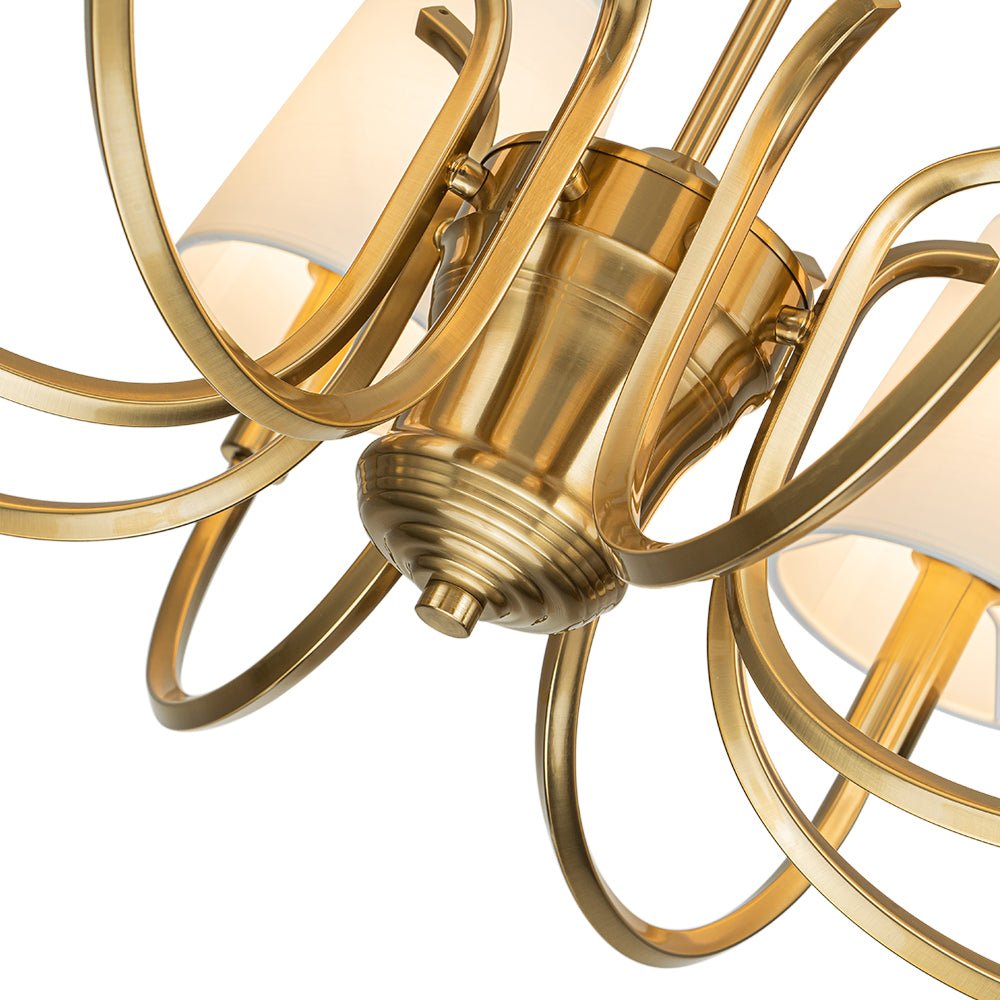 Brass 8-Light White Fabric Shade Scrolling Chandelier