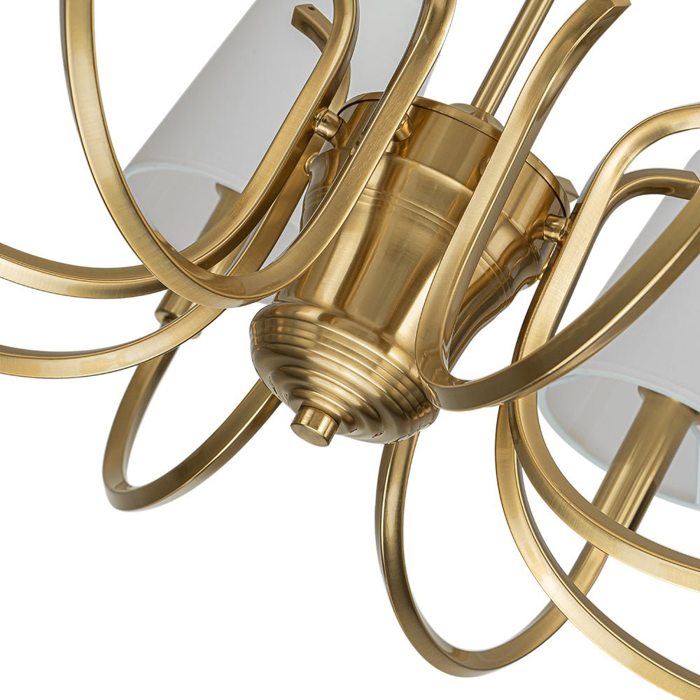 Brass 8-Light White Fabric Shade Scrolling Chandelier