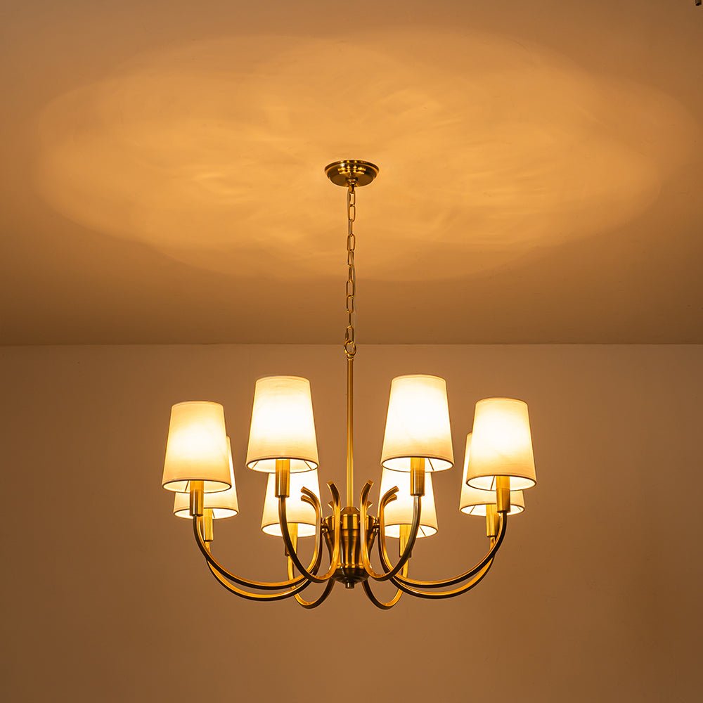 Brass 8-Light White Fabric Shade Scrolling Chandelier