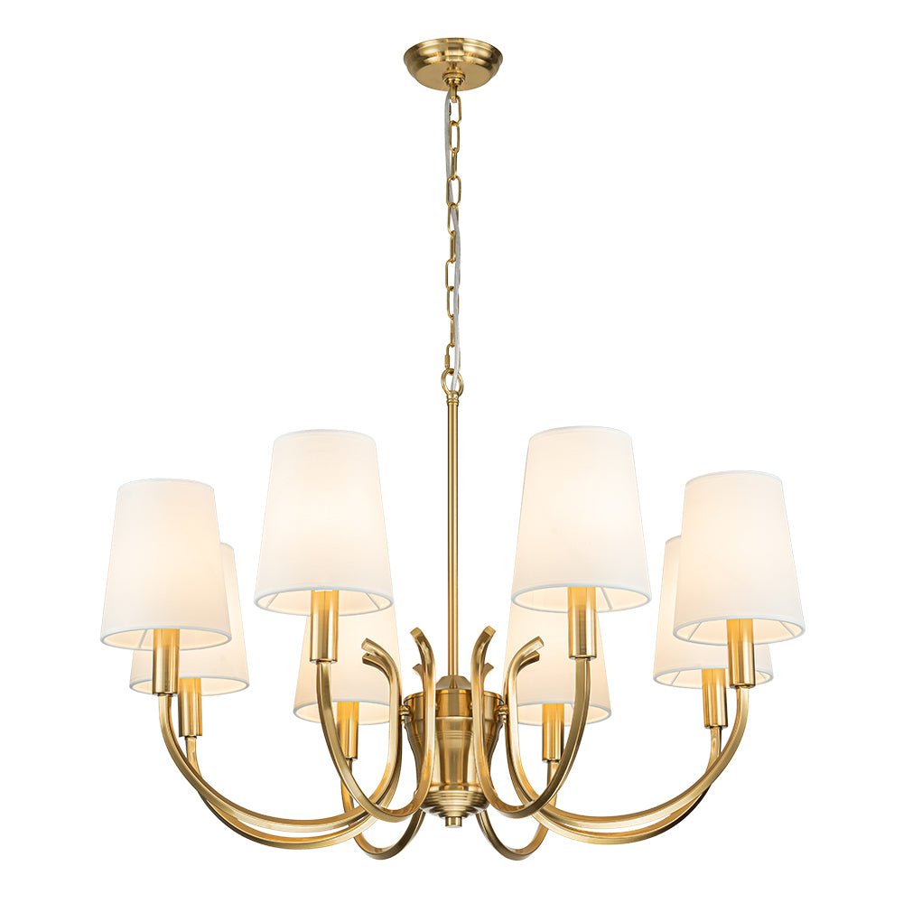 Brass 8-Light White Fabric Shade Scrolling Chandelier