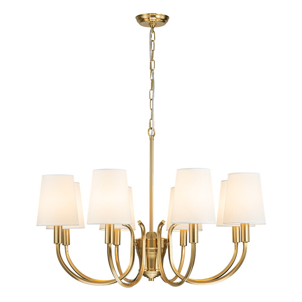 Brass 8-Light White Fabric Shade Scrolling Chandelier