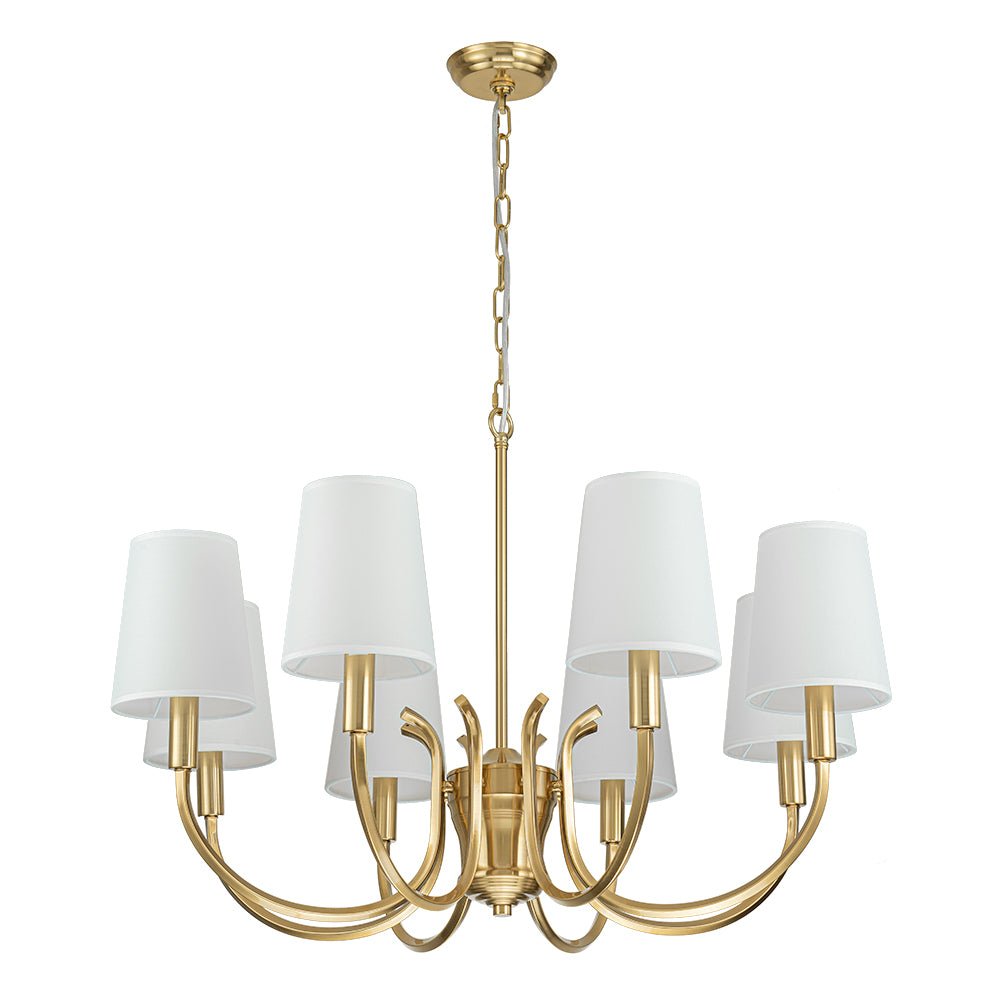 Brass 8-Light White Fabric Shade Scrolling Chandelier
