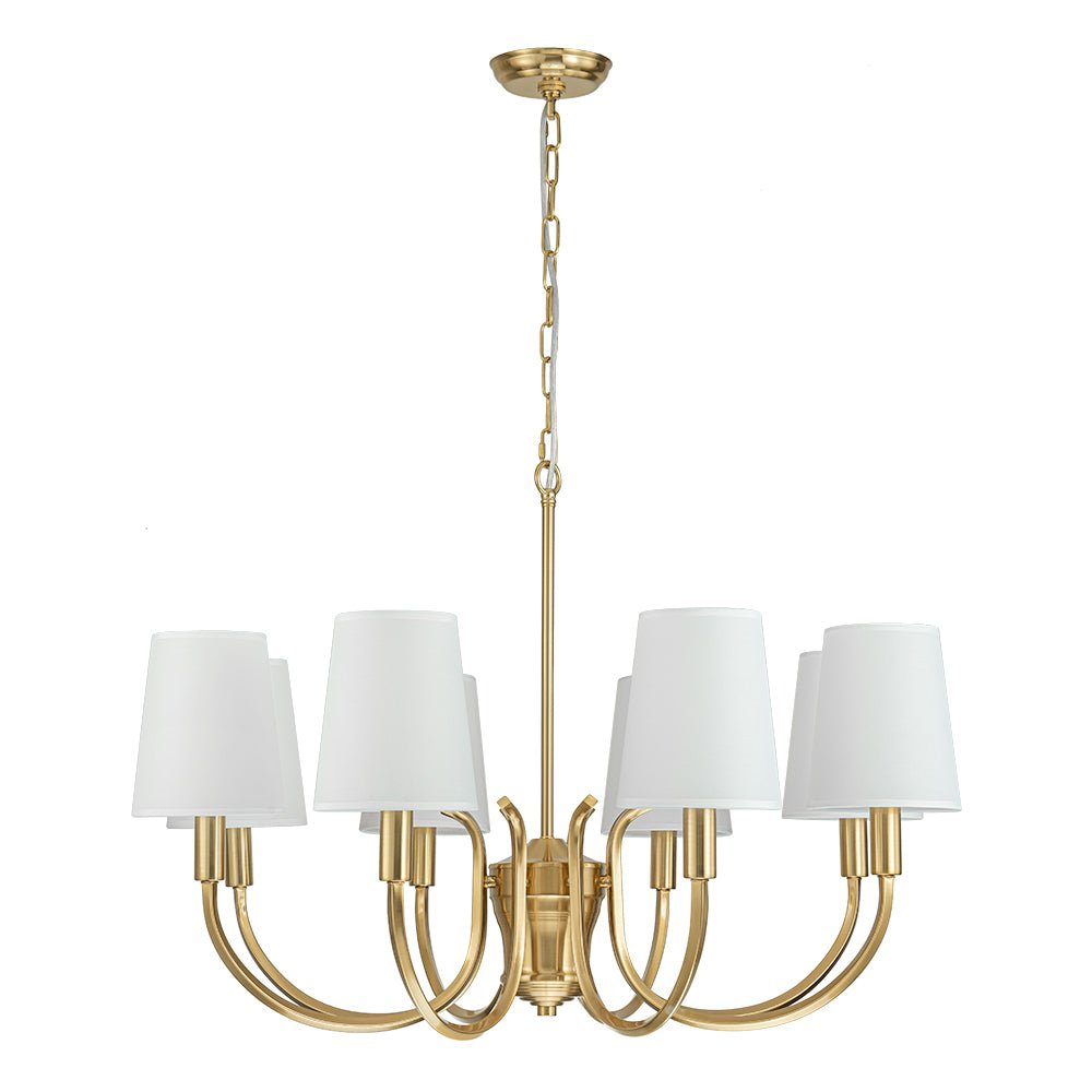 Brass 8-Light White Fabric Shade Scrolling Chandelier