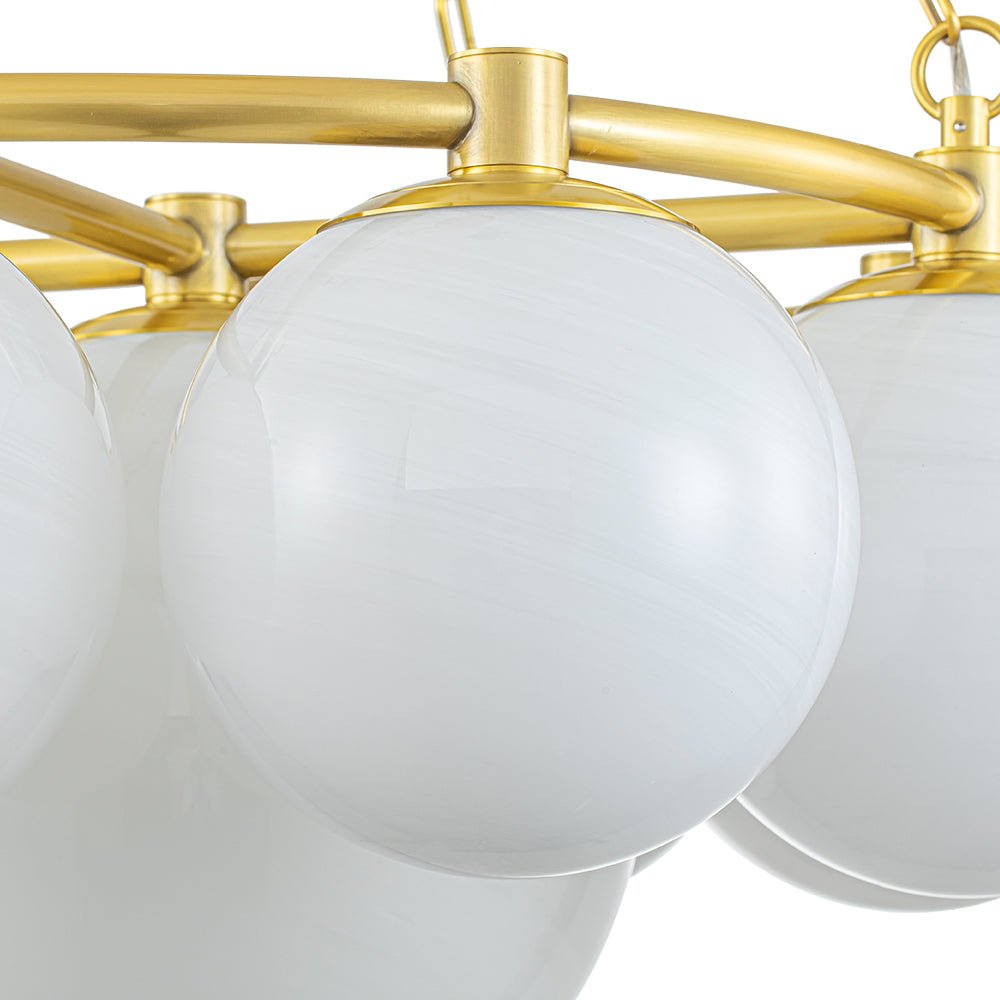 Brass 9-Light Alabaster Milky White Glass Globe Wheel Chandelier