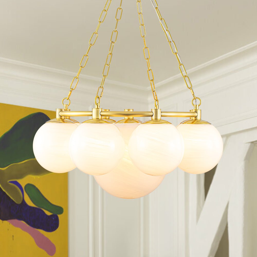 Brass 9-Light Alabaster Milky White Glass Globe Wheel Chandelier