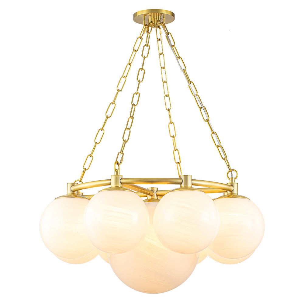 Brass 9-Light Alabaster Milky White Glass Globe Wheel Chandelier