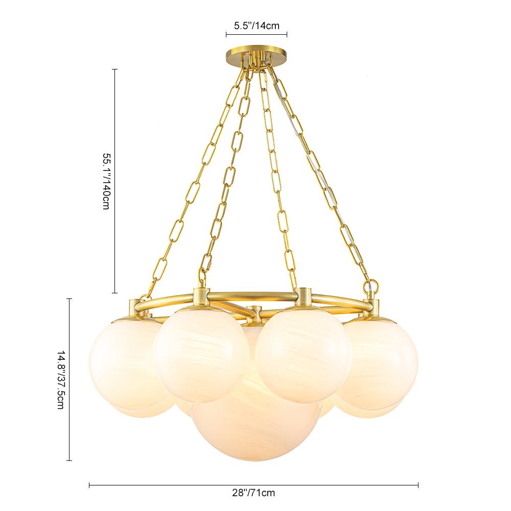 Brass 9-Light Alabaster Milky White Glass Globe Wheel Chandelier