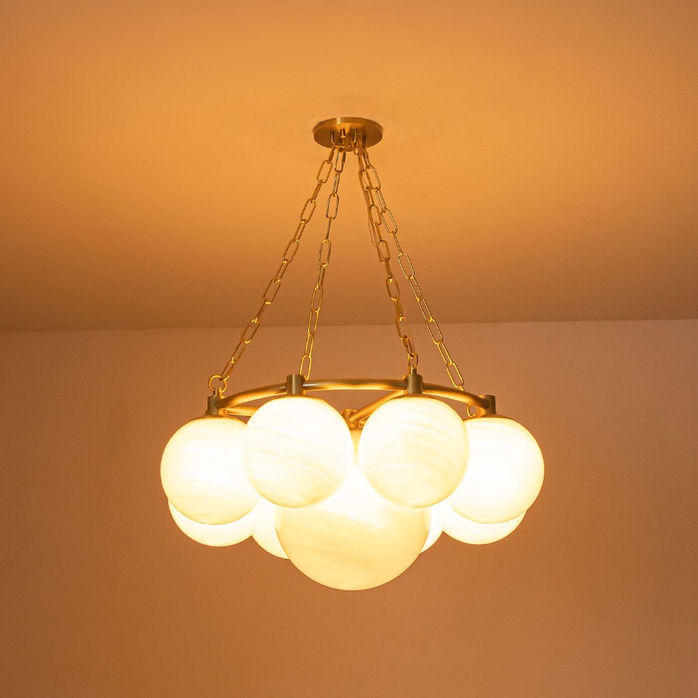 Brass 9-Light Alabaster Milky White Glass Globe Wheel Chandelier
