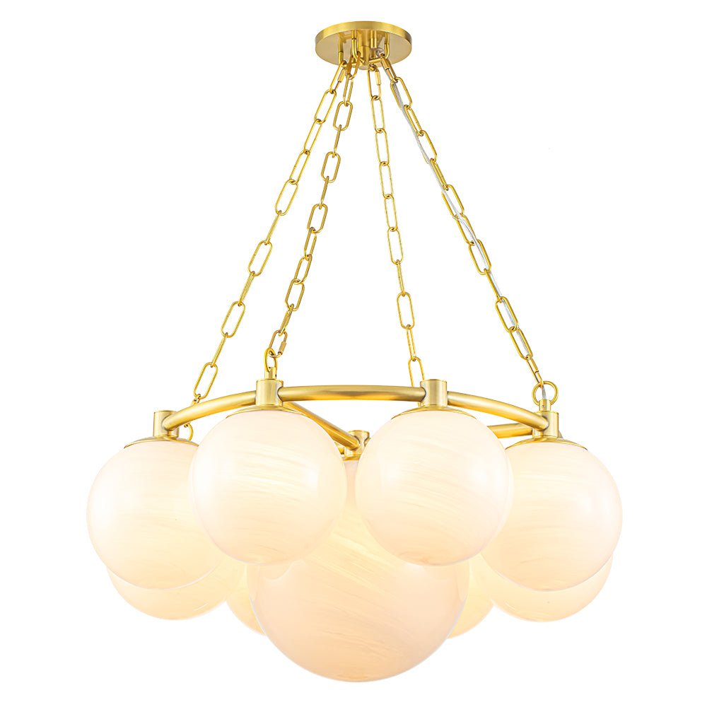 Brass 9-Light Alabaster Milky White Glass Globe Wheel Chandelier