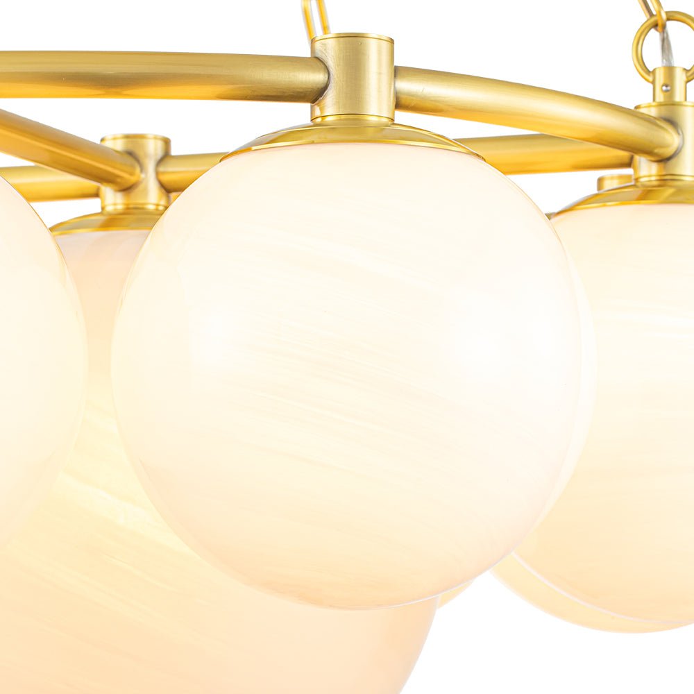 Brass 9-Light Alabaster Milky White Glass Globe Wheel Chandelier
