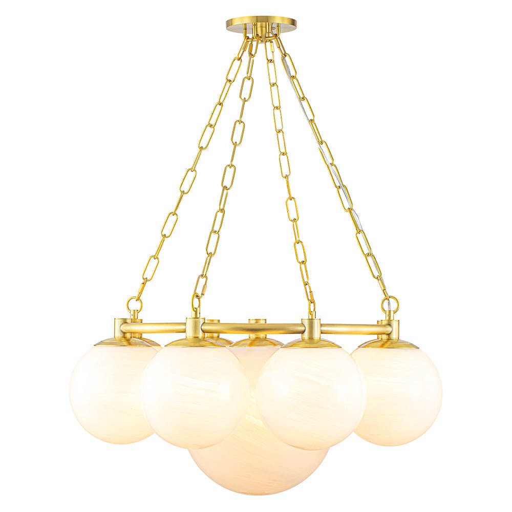 Brass 9-Light Alabaster Milky White Glass Globe Wheel Chandelier