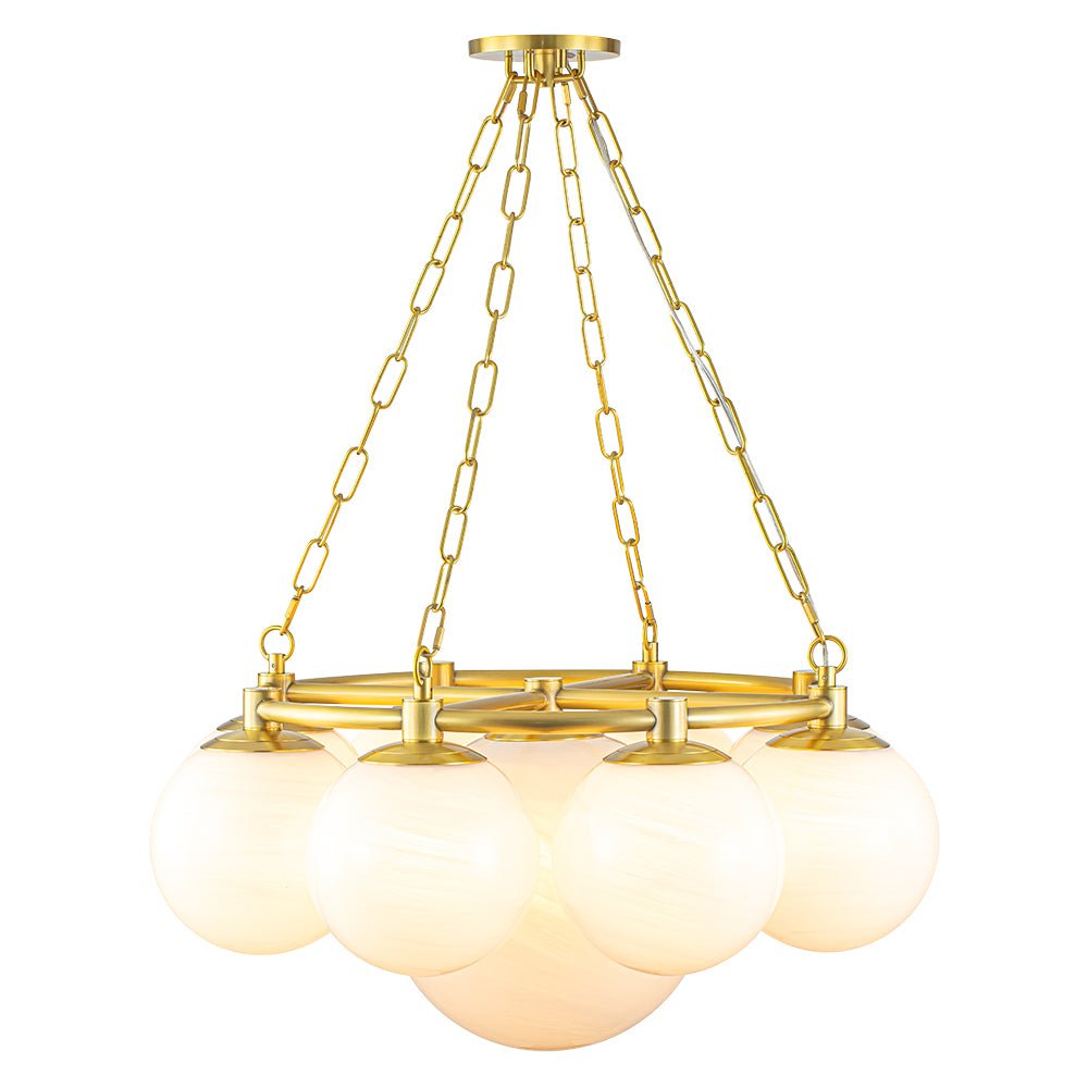 Brass 9-Light Alabaster Milky White Glass Globe Wheel Chandelier