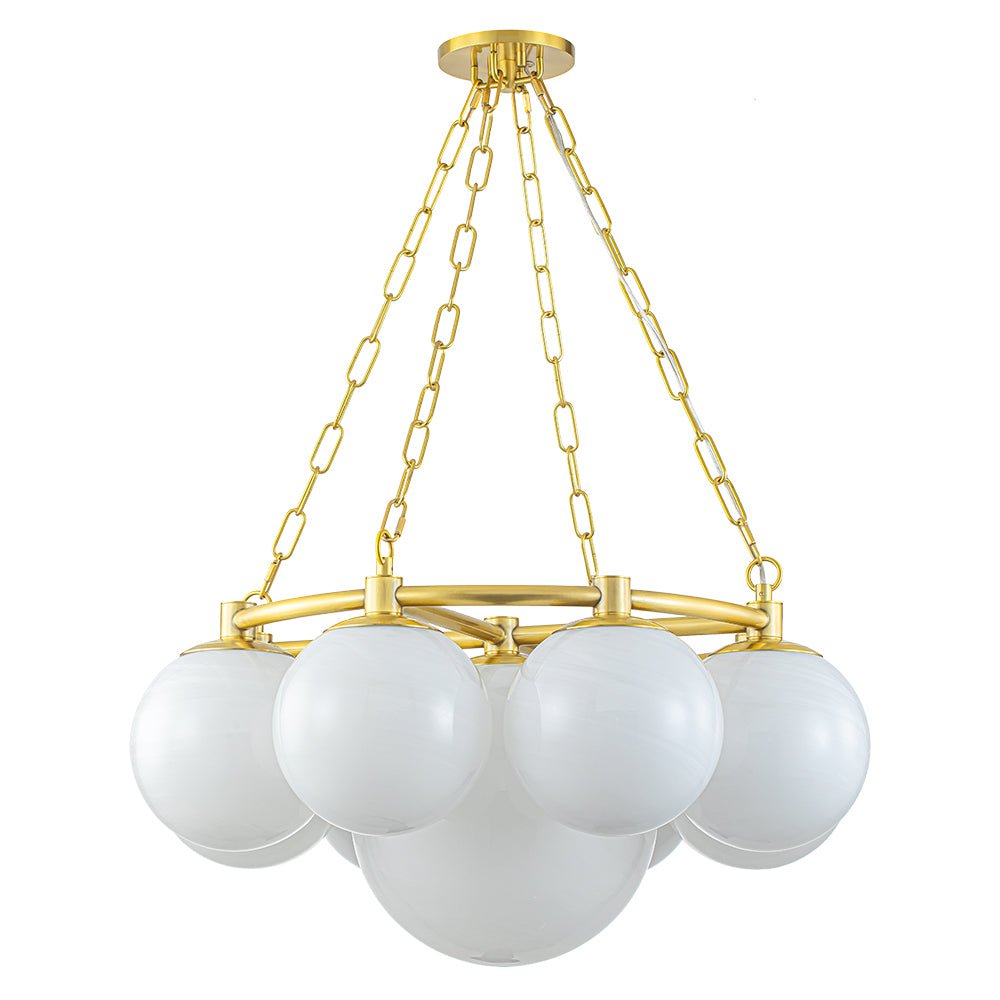 Brass 9-Light Alabaster Milky White Glass Globe Wheel Chandelier