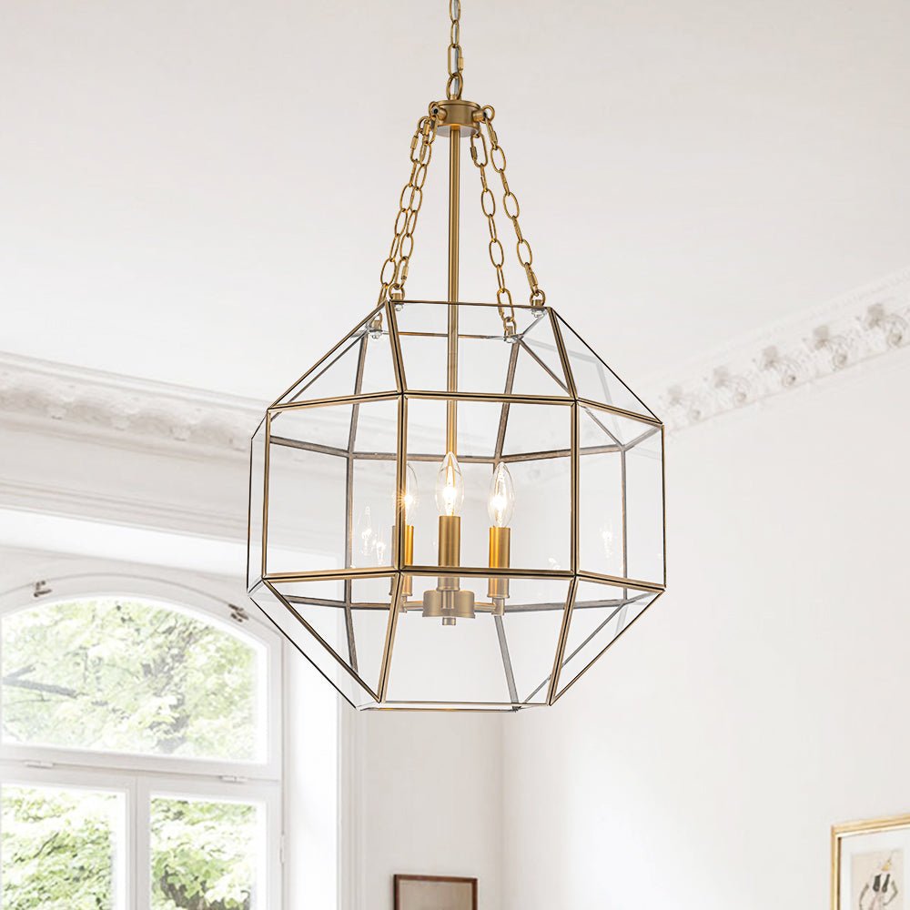 Brass Clear Glass Geometric Cube Lantern Pendant Light
