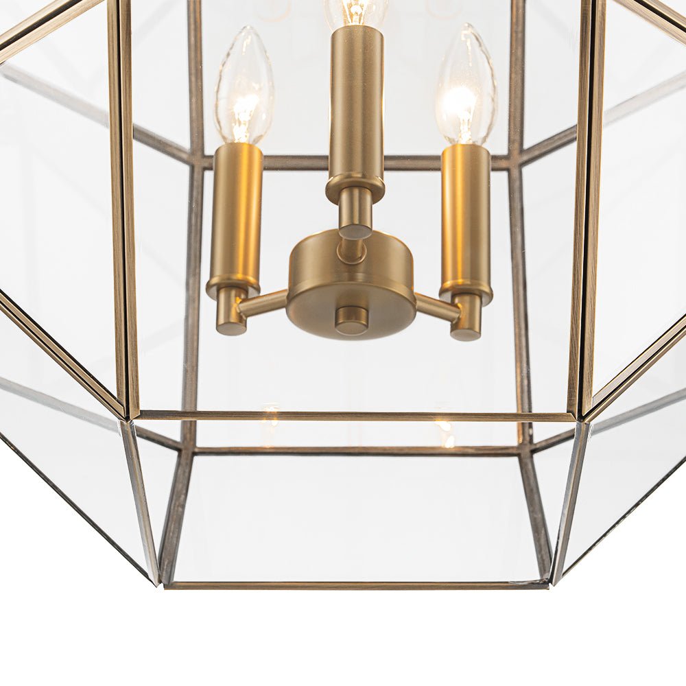 Brass Clear Glass Geometric Cube Lantern Pendant Light