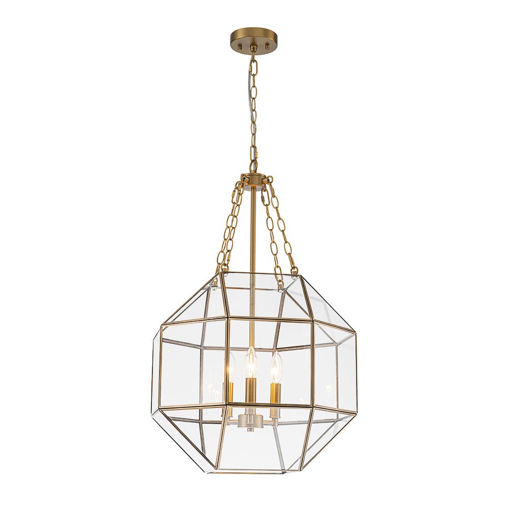 Brass Clear Glass Geometric Cube Lantern Pendant Light