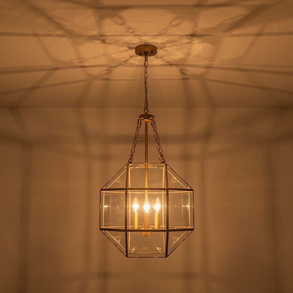 Brass Clear Glass Geometric Cube Lantern Pendant Light