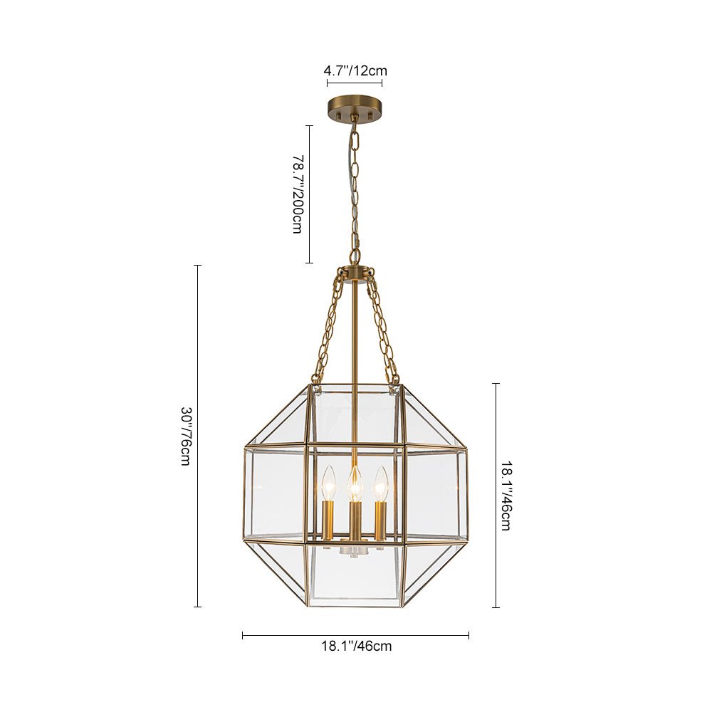 Brass Clear Glass Geometric Cube Lantern Pendant Light