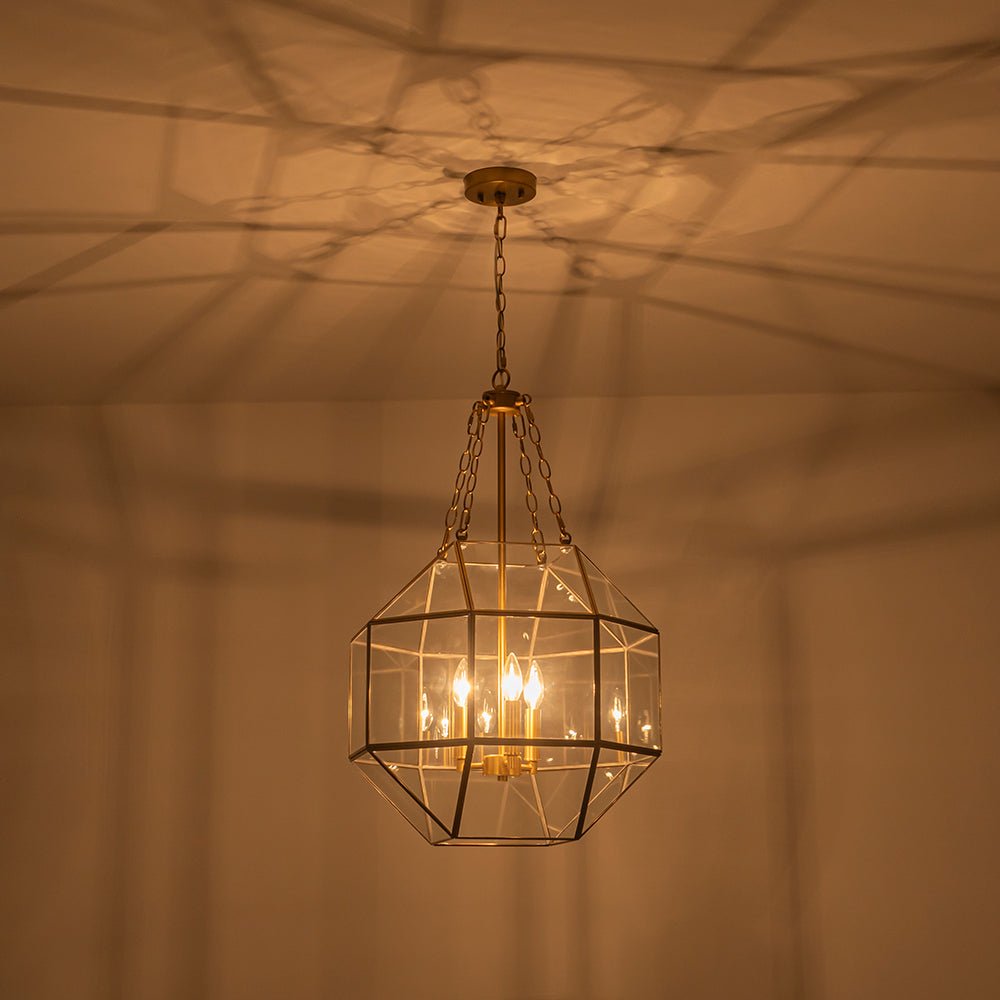 Brass Clear Glass Geometric Cube Lantern Pendant Light