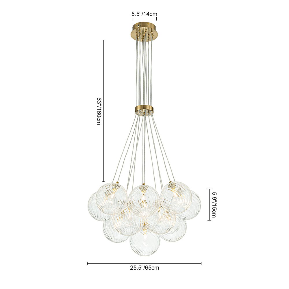 Brass Clear Ribbed Glass Ball Cluster Bubble Chandelier