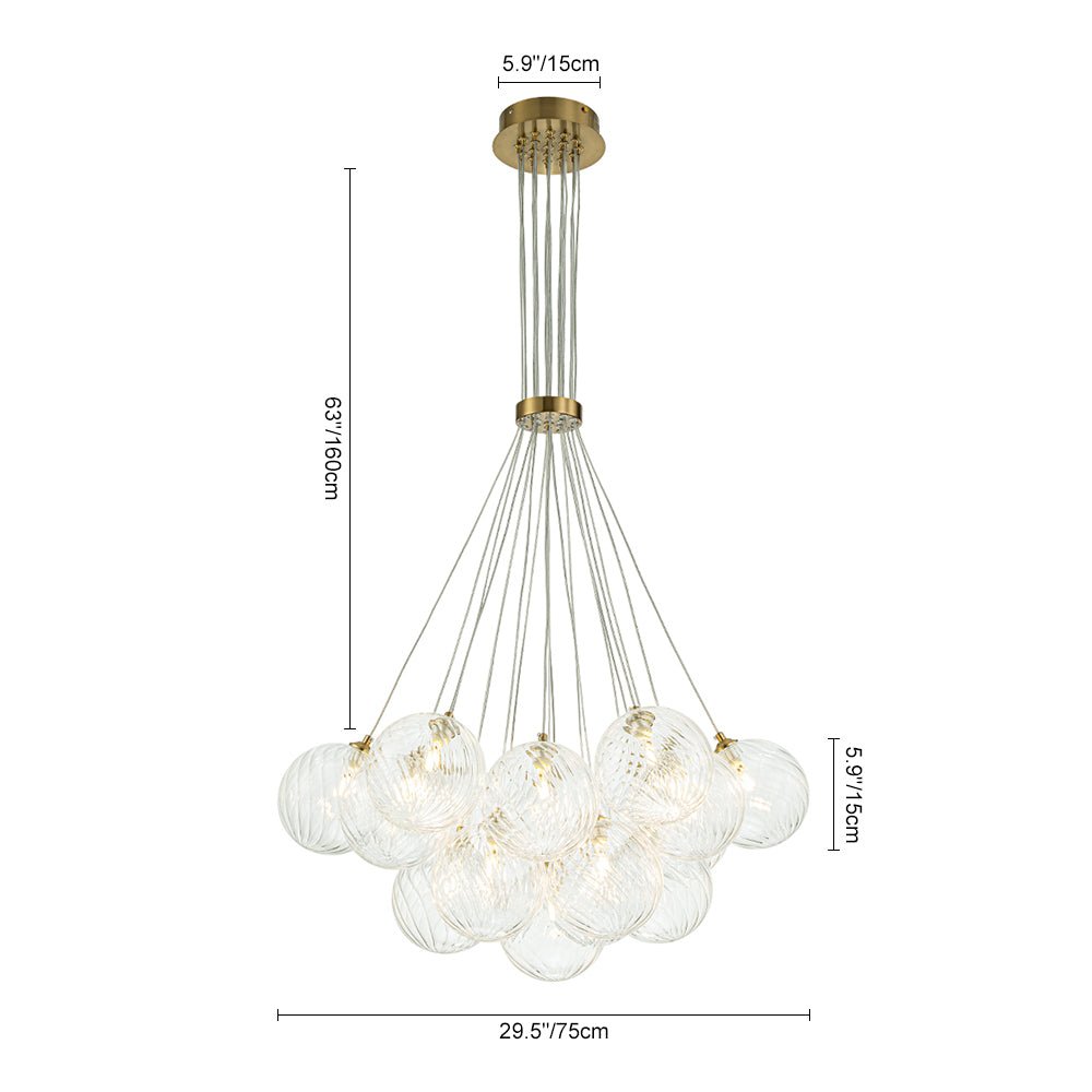 Brass Clear Ribbed Glass Ball Cluster Bubble Chandelier