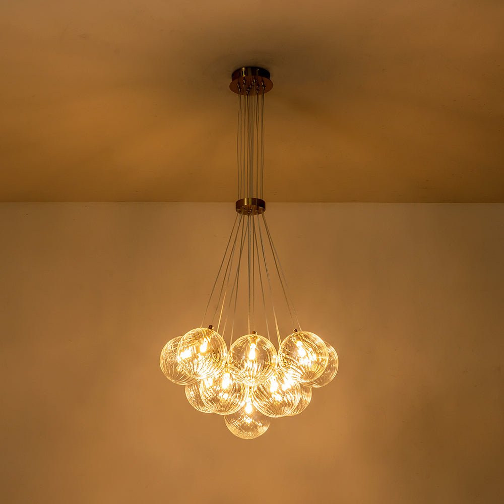 Brass Clear Ribbed Glass Ball Cluster Bubble Chandelier