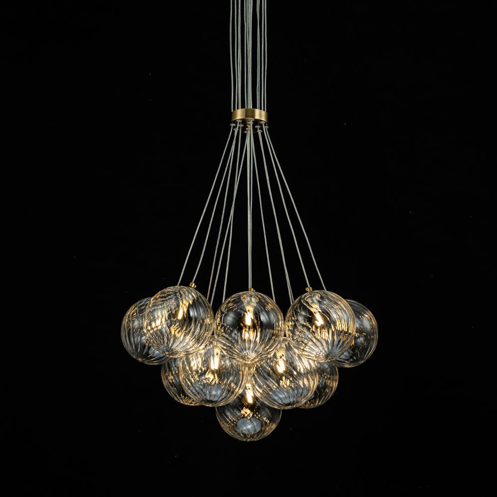 Brass Clear Ribbed Glass Ball Cluster Bubble Chandelier