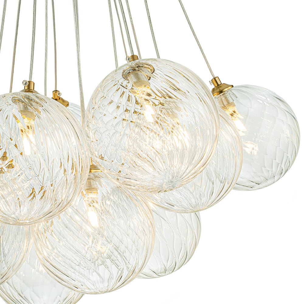 Brass Clear Ribbed Glass Ball Cluster Bubble Chandelier