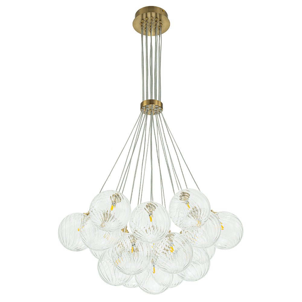 Brass Clear Ribbed Glass Ball Cluster Bubble Chandelier
