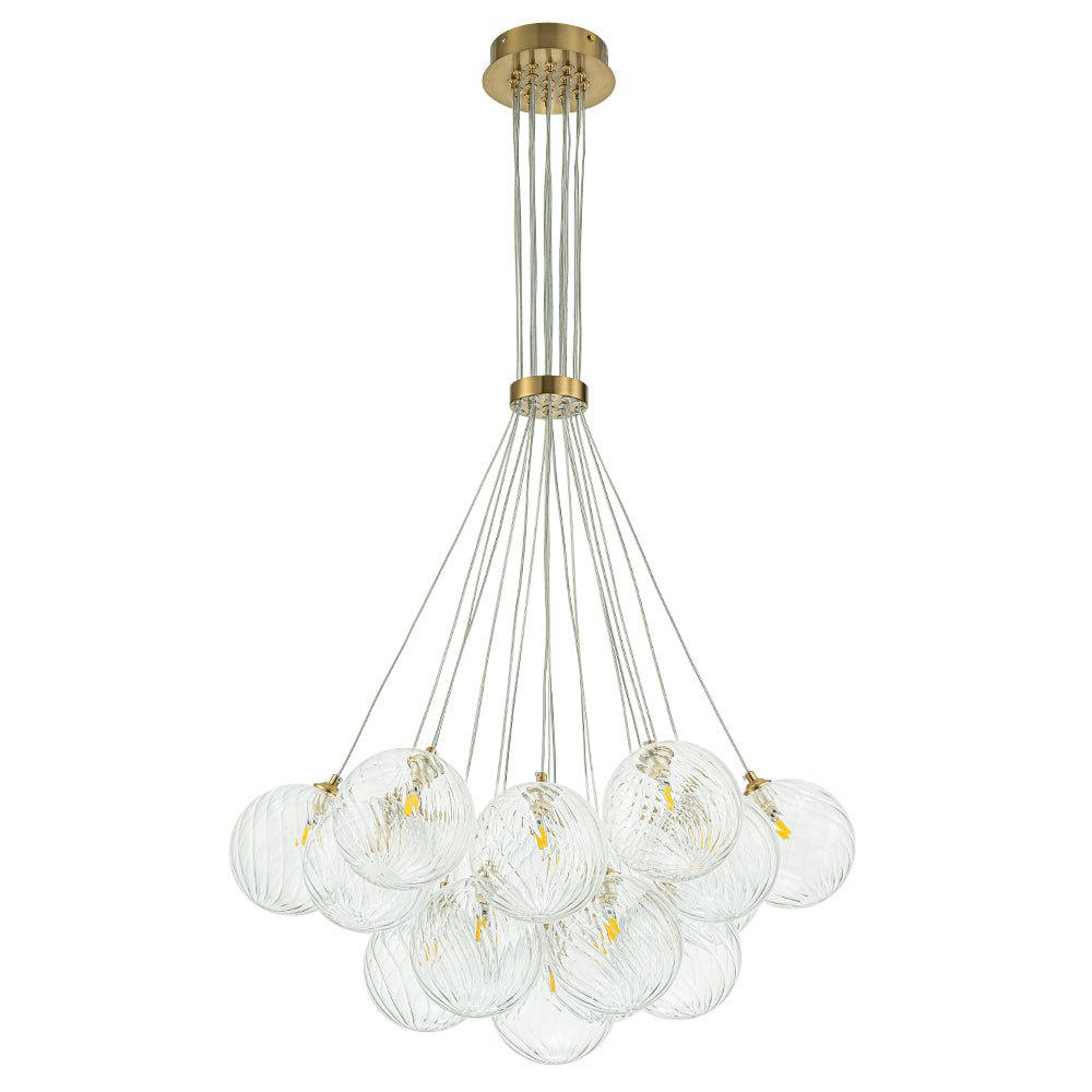 Brass Clear Ribbed Glass Ball Cluster Bubble Chandelier