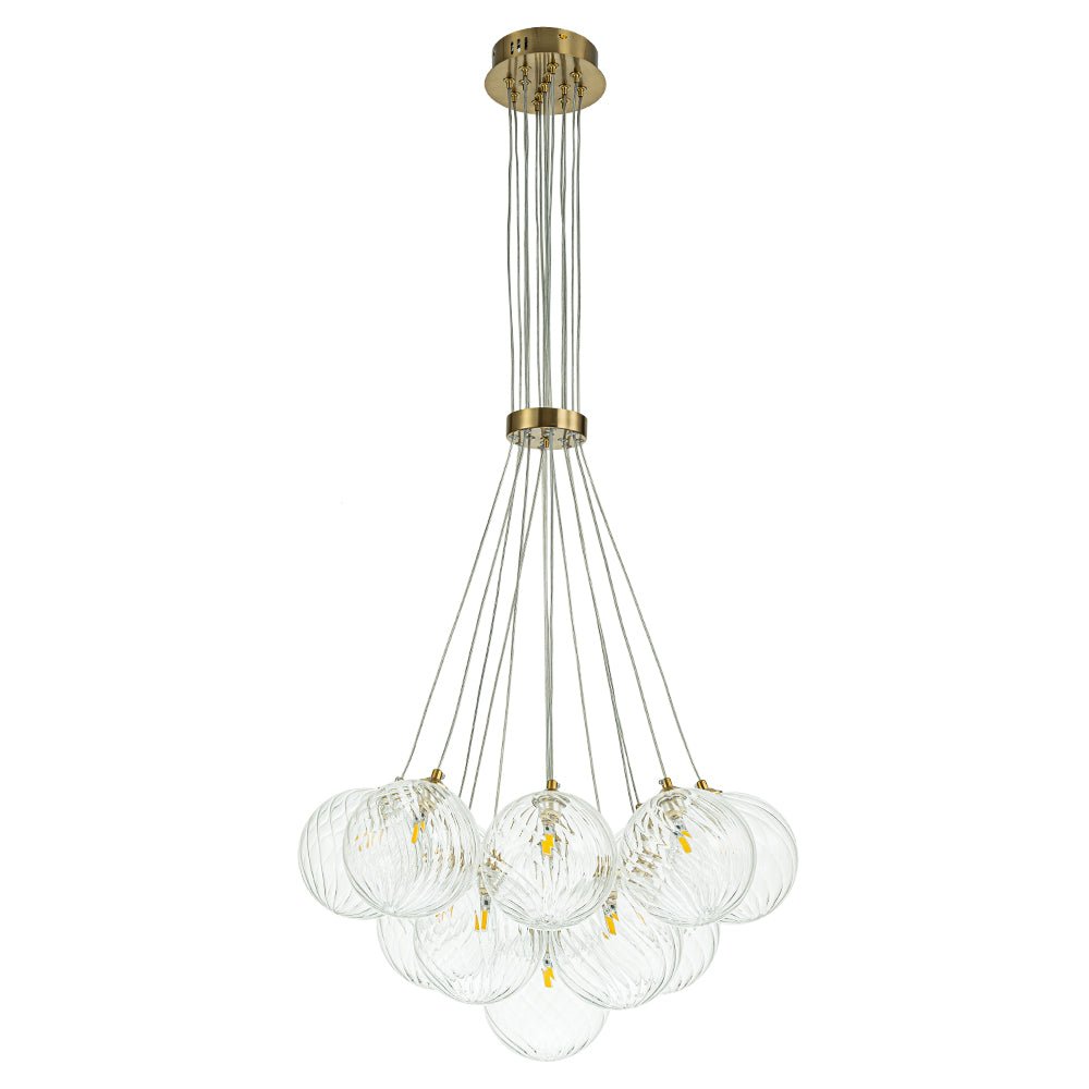 Brass Clear Ribbed Glass Ball Cluster Bubble Chandelier
