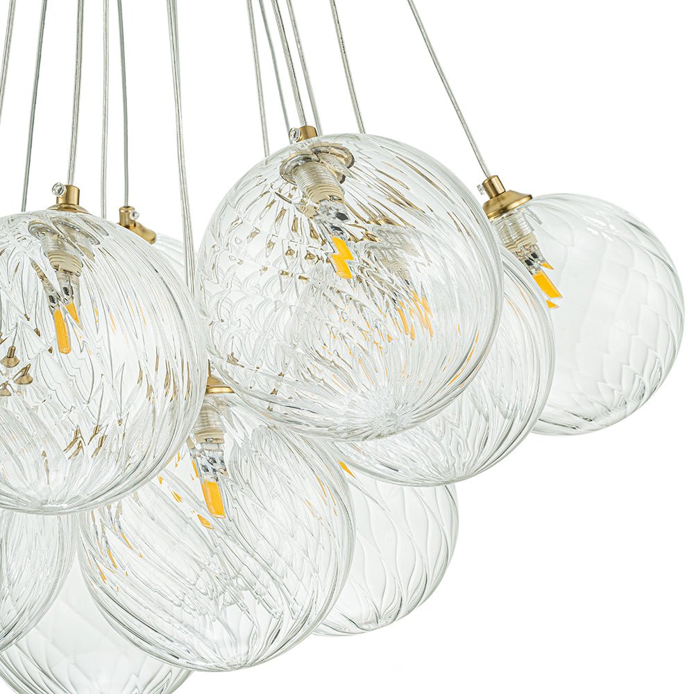 Brass Clear Ribbed Glass Ball Cluster Bubble Chandelier