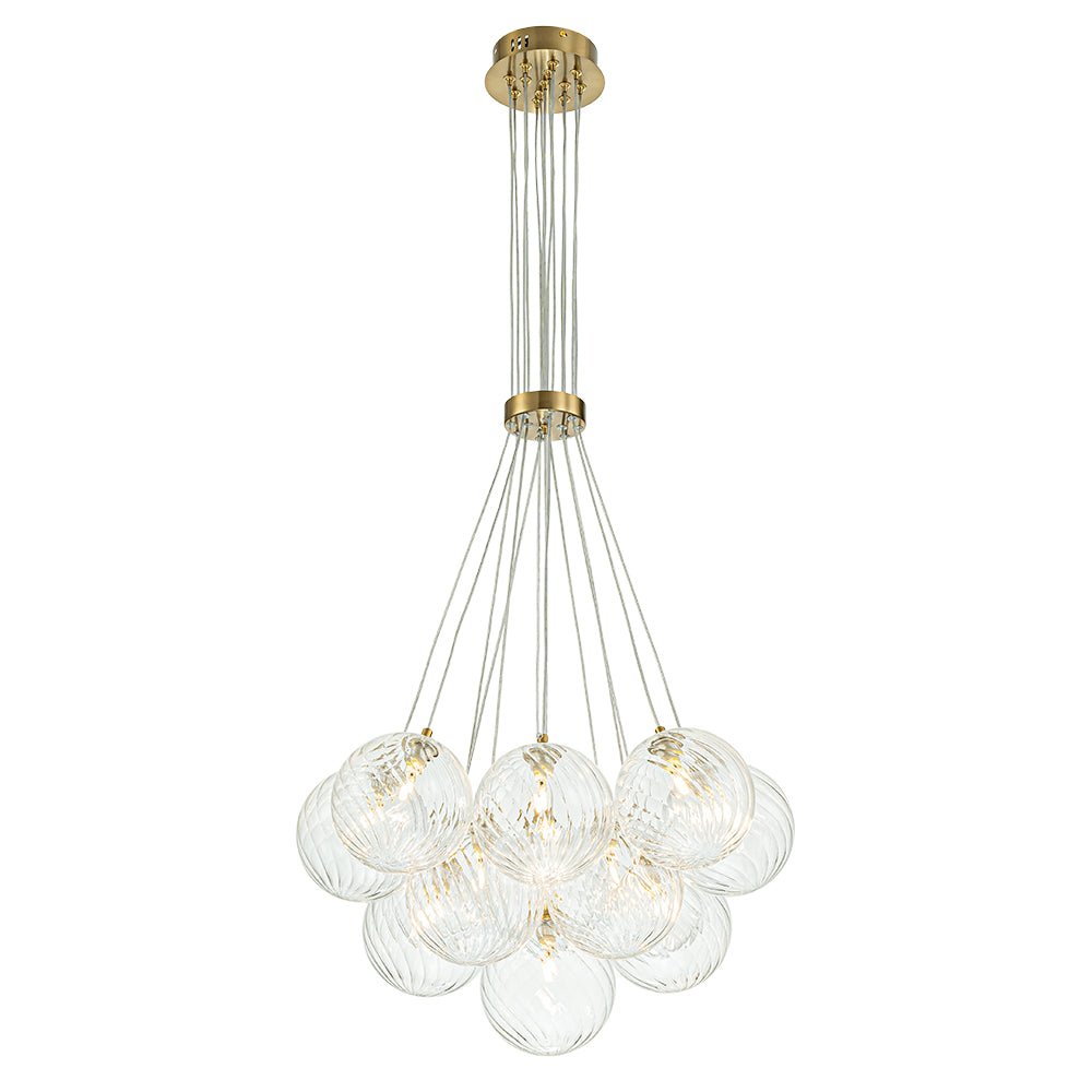 Brass Clear Ribbed Glass Ball Cluster Bubble Chandelier
