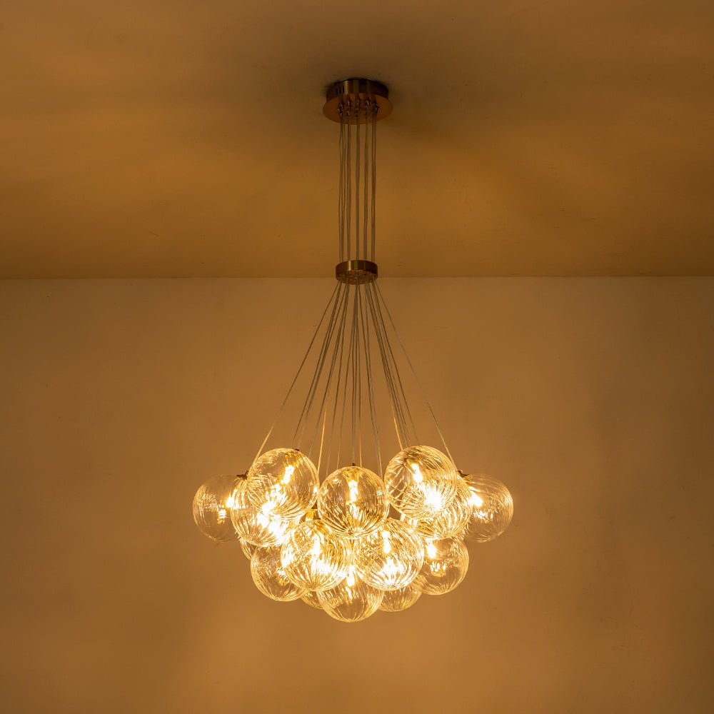 Brass Clear Ribbed Glass Ball Cluster Bubble Chandelier