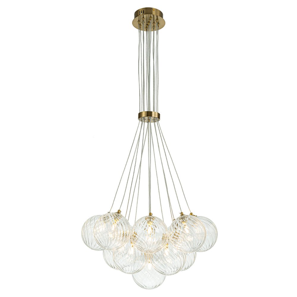 Brass Clear Ribbed Glass Ball Cluster Bubble Chandelier