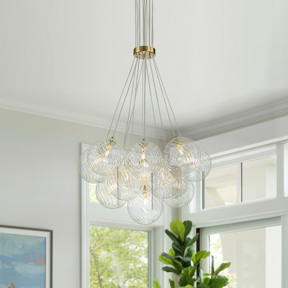 Brass Clear Ribbed Glass Ball Cluster Bubble Chandelier