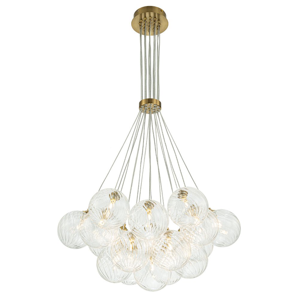 Brass Clear Ribbed Glass Ball Cluster Bubble Chandelier