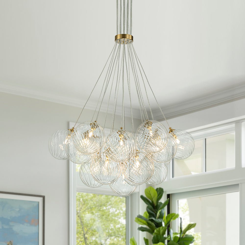 Brass Clear Ribbed Glass Ball Cluster Bubble Chandelier
