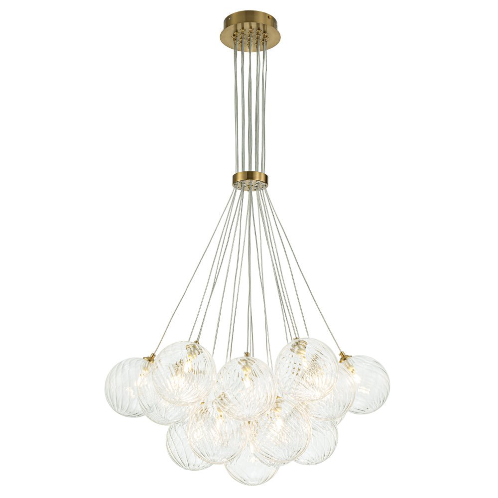 Brass Clear Ribbed Glass Ball Cluster Bubble Chandelier