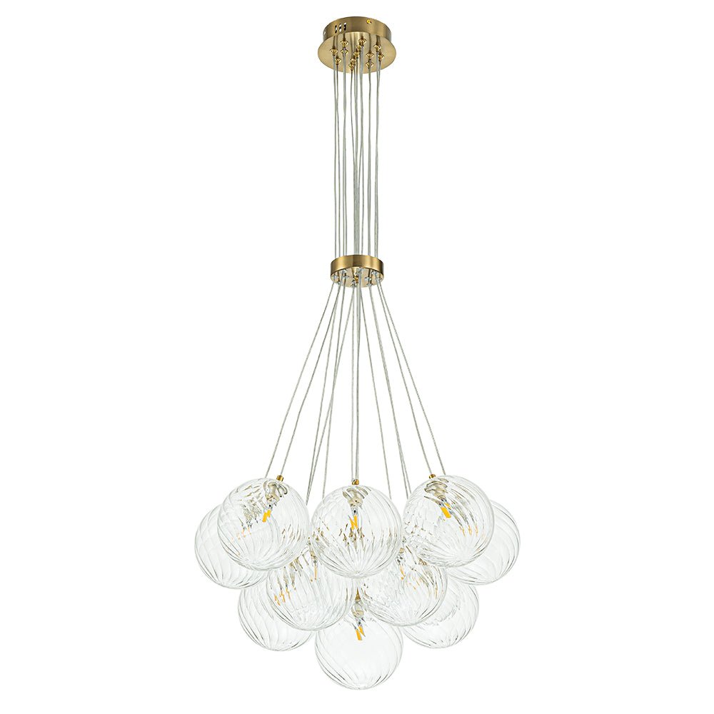 Brass Clear Ribbed Glass Ball Cluster Bubble Chandelier