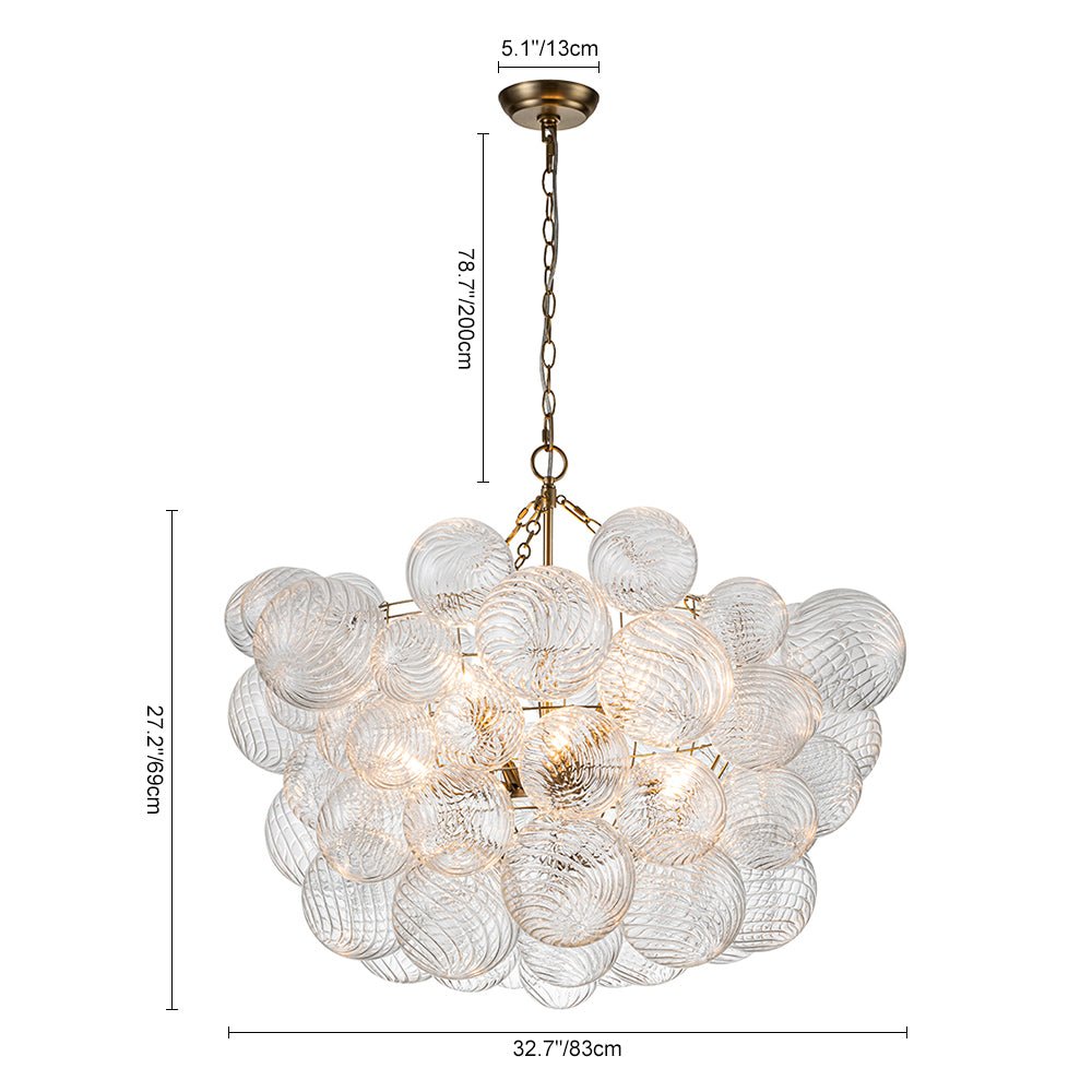 Brass Cluster Ribbed Glass Globe Bubble Chandelier