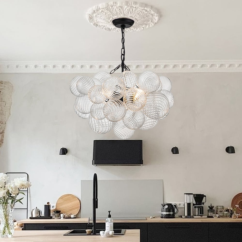 Brass Cluster Ribbed Glass Globe Bubble Chandelier