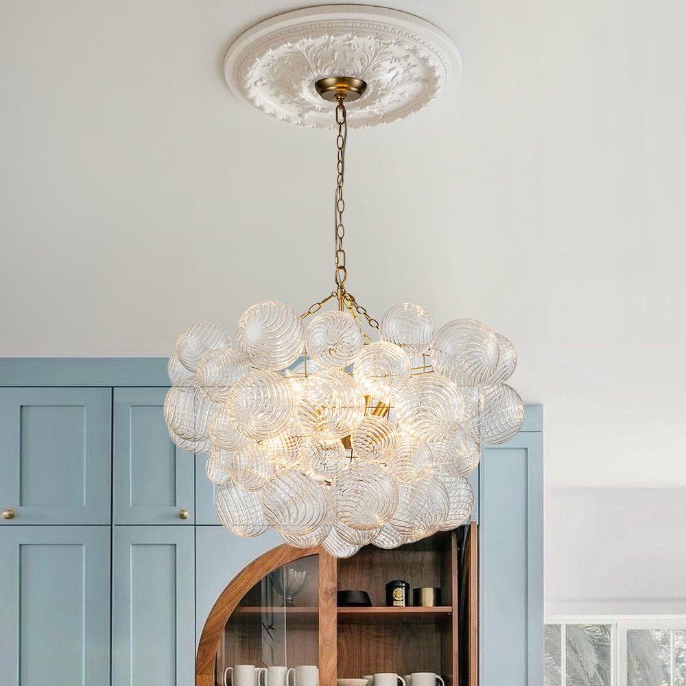 Brass Cluster Ribbed Glass Globe Bubble Chandelier