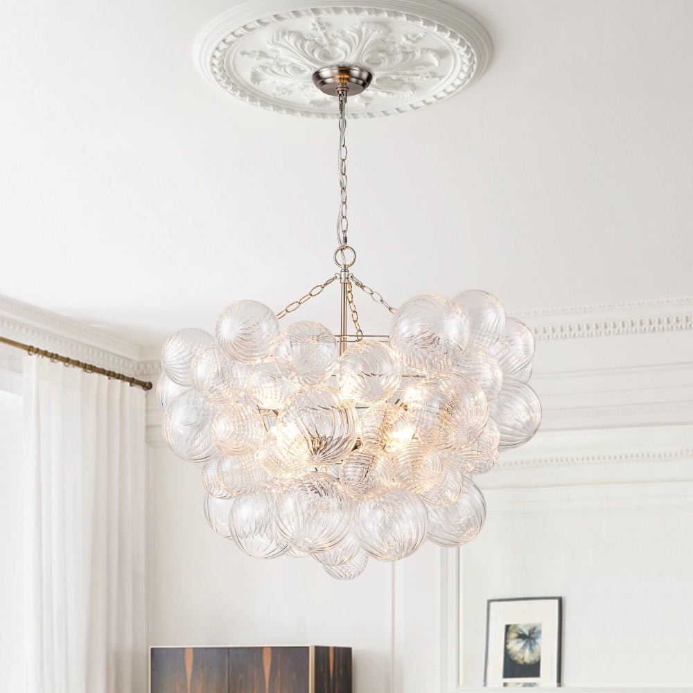 Brass Cluster Ribbed Glass Globe Bubble Chandelier
